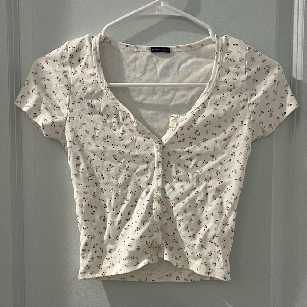 Brandy Melville White and Pink Floral Button Up Crop Top